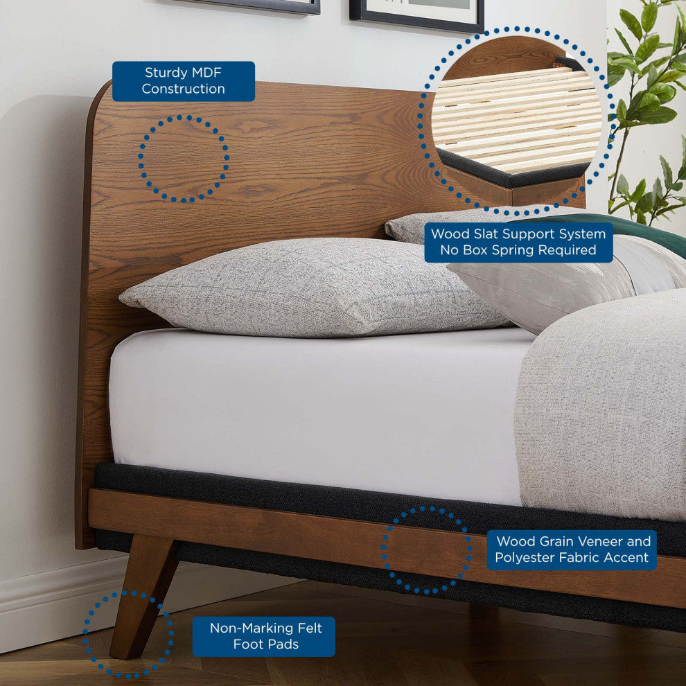 Platform Bed Nightstand Set, Queen Size, Walnut, Wood, Modern, Mid Century