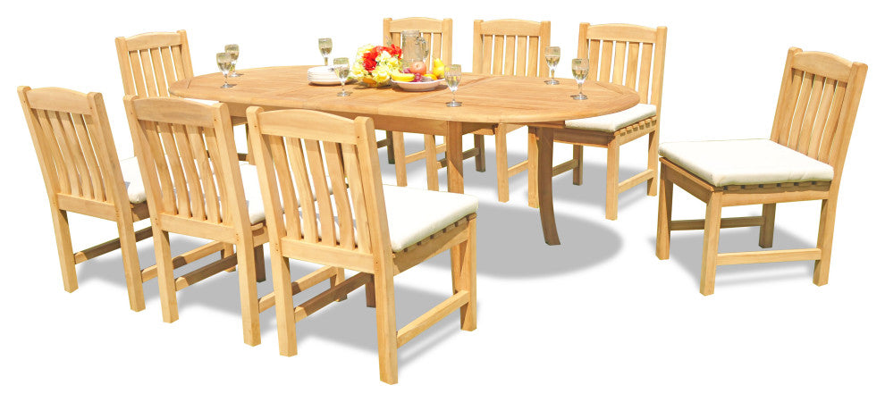11-Piece Outdoor Teak Dining Set 94" Extn Oval Table, 10 Devon Armless Chairs