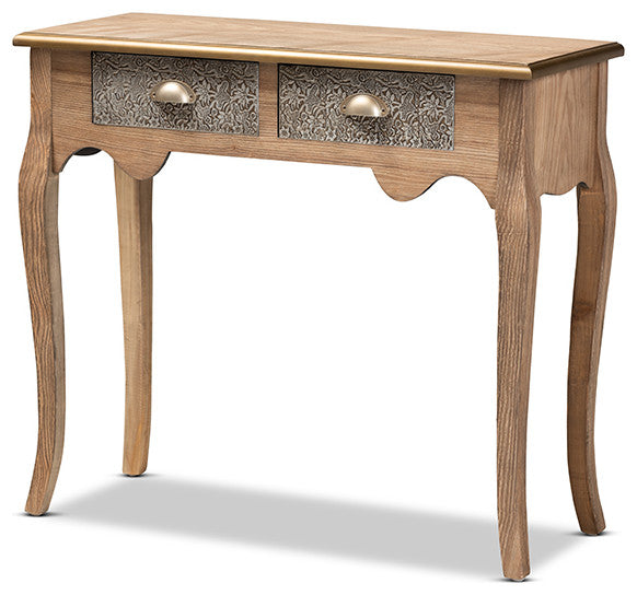 French Provincial Natural Brown Finished Wood and Metal 2-Drawer Console Table