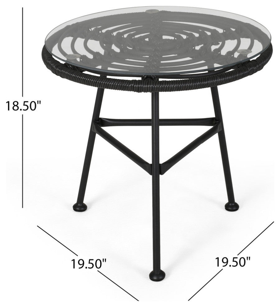 Rodney Outdoor Woven Faux Rattan Side Table With Glass Top, Gray, Black Finish
