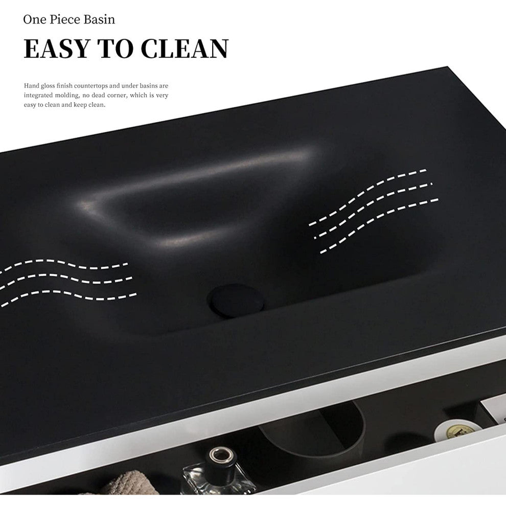 Wall-Mounted Bathroom Vanity Set in White with Black Top and Integrated Sink, 30"