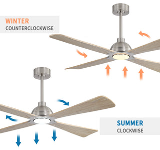 56" 4-Blade Solid Wood Ceiling Fan with LED Light and Remote Control, Brushed Nickel/Natural Wood