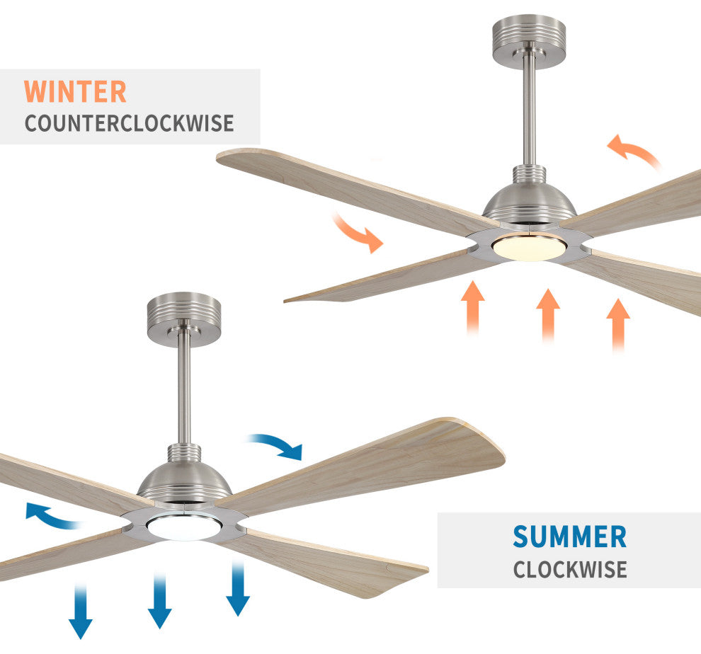 56" 4-Blade Solid Wood Ceiling Fan with LED Light and Remote Control, Brushed Nickel/Natural Wood
