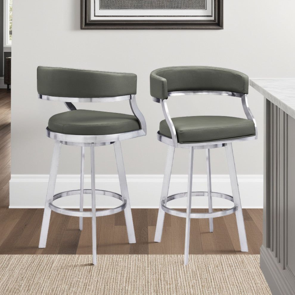 Saturn Swivel Metal and Faux Leather Bar Stool, Gray, 26" Counter Height