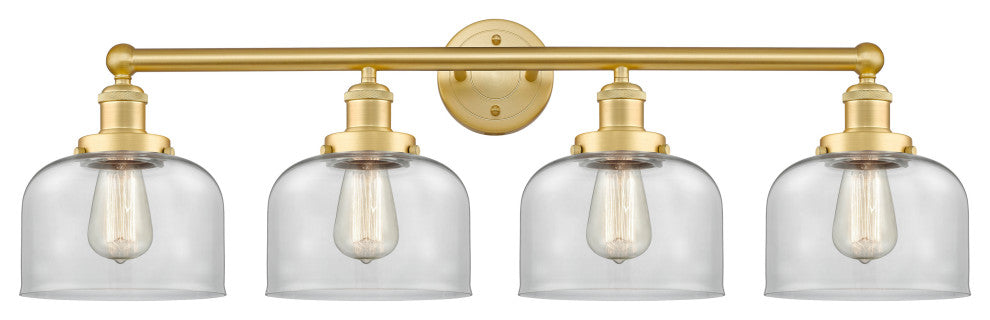 Large Bell 4-Light 34" Bath Vanity Light, Satin Gold Finish, Clear Shade