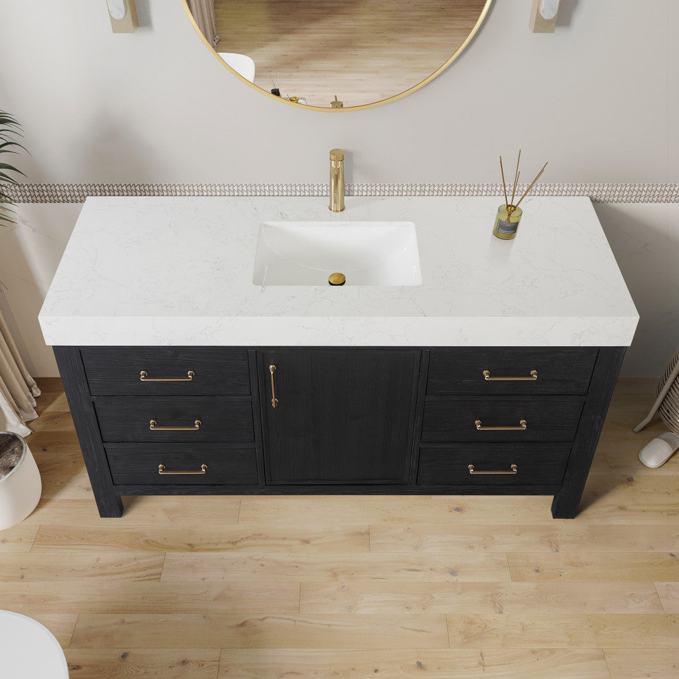 Leon Bath Vanity With Composite Stone Top, Fir Wood Black, 60"single Sink, No Mirror