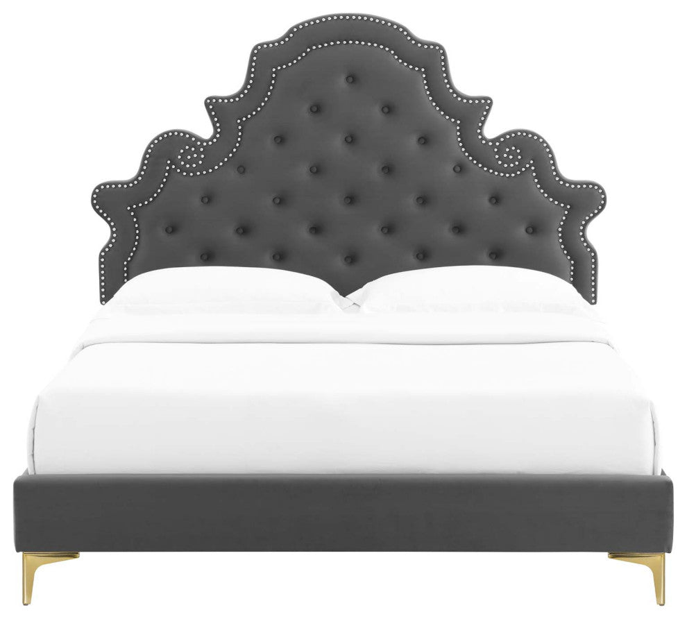 Tufted Platform Bed Frame, King Size, Velvet, Gray, Modern Contemporary