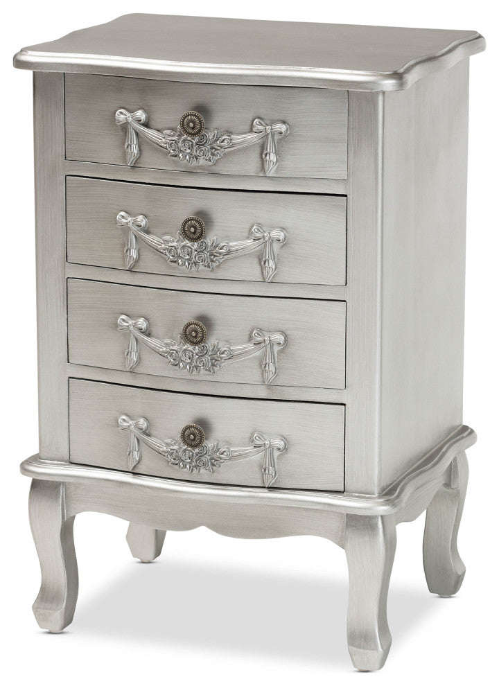 Callen Classic and Traditional Brushed Silver Finished Wood 4-Drawer Nightstand