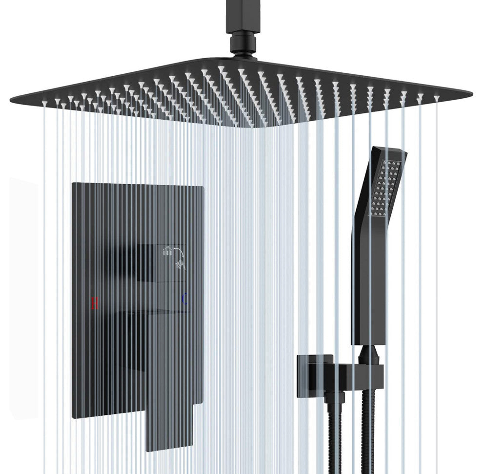 Ceiling Mounted Shower System Set With 12" Rain Shower Head, Matte Black