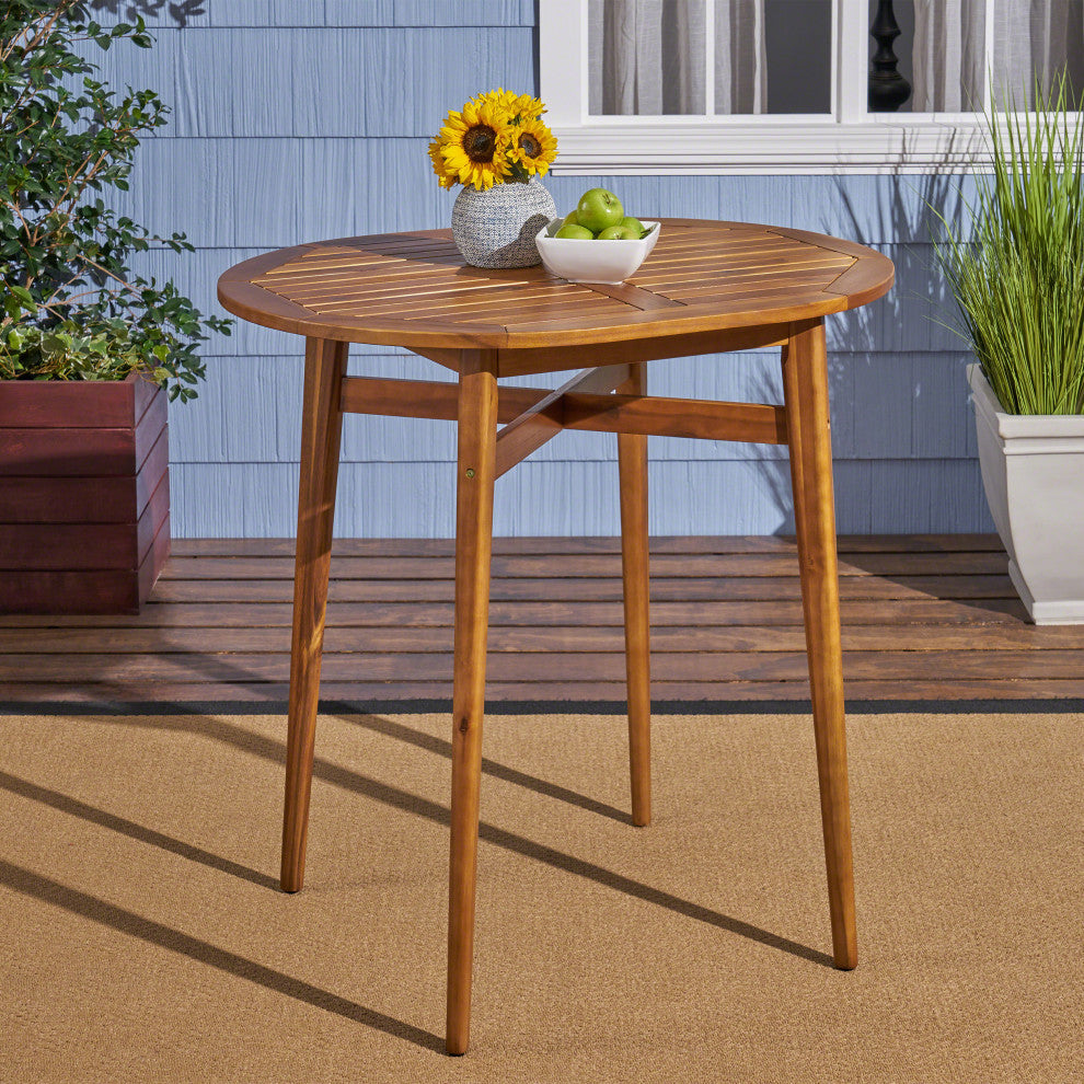 Beryl Outdoor Rustic Acacia Wood Bar Table With Slat Top, Teak Finish