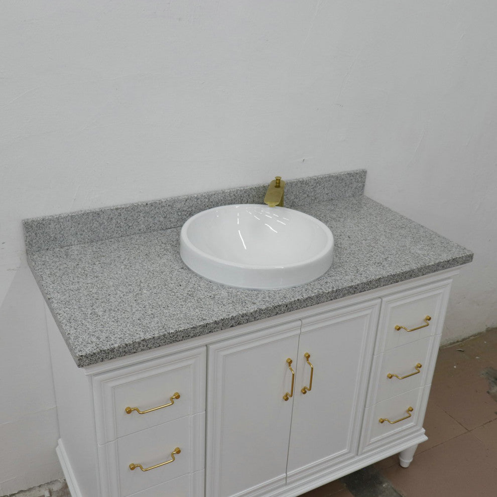 49" Single Sink Vanity, White Finish With Gray Granite and Round Sink