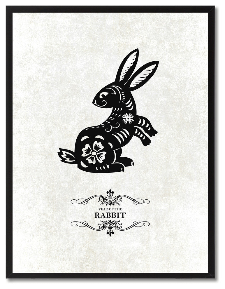Rabbit Chinese Zodiac White Print on Canvas with Picture Frame, 13"x17"