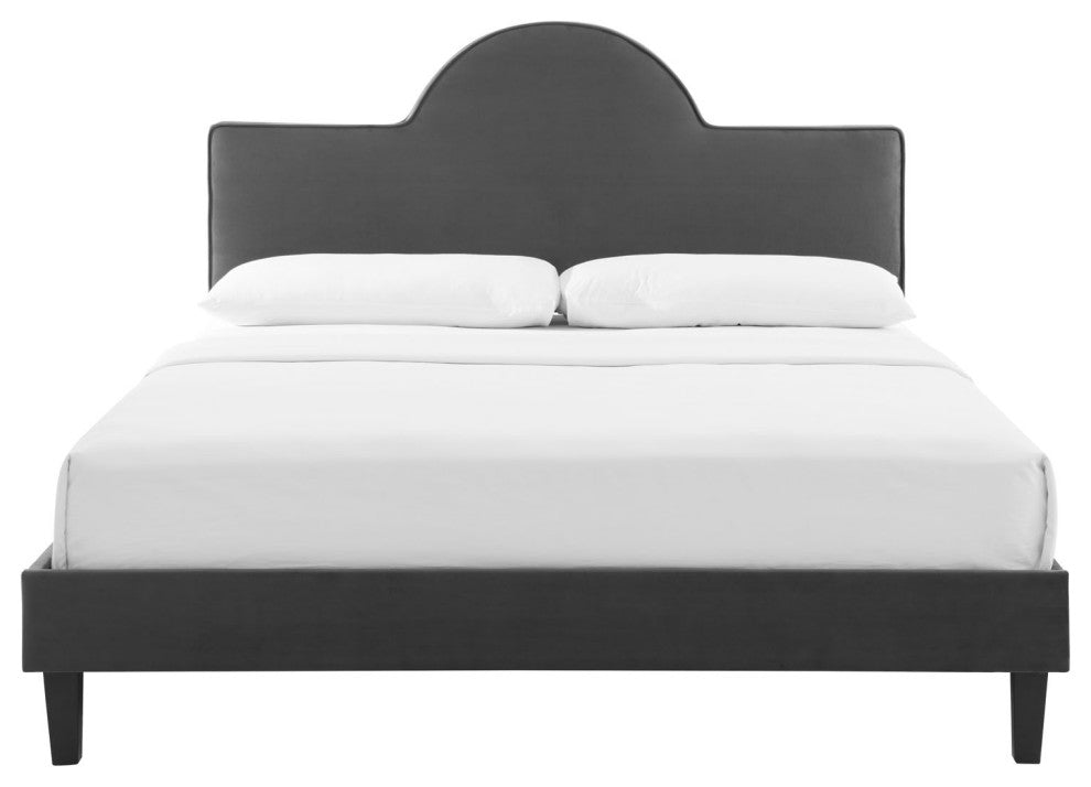 Platform Bed Frame, King Size, Charcoal Gray, Velvet, Modern, Guest Suite