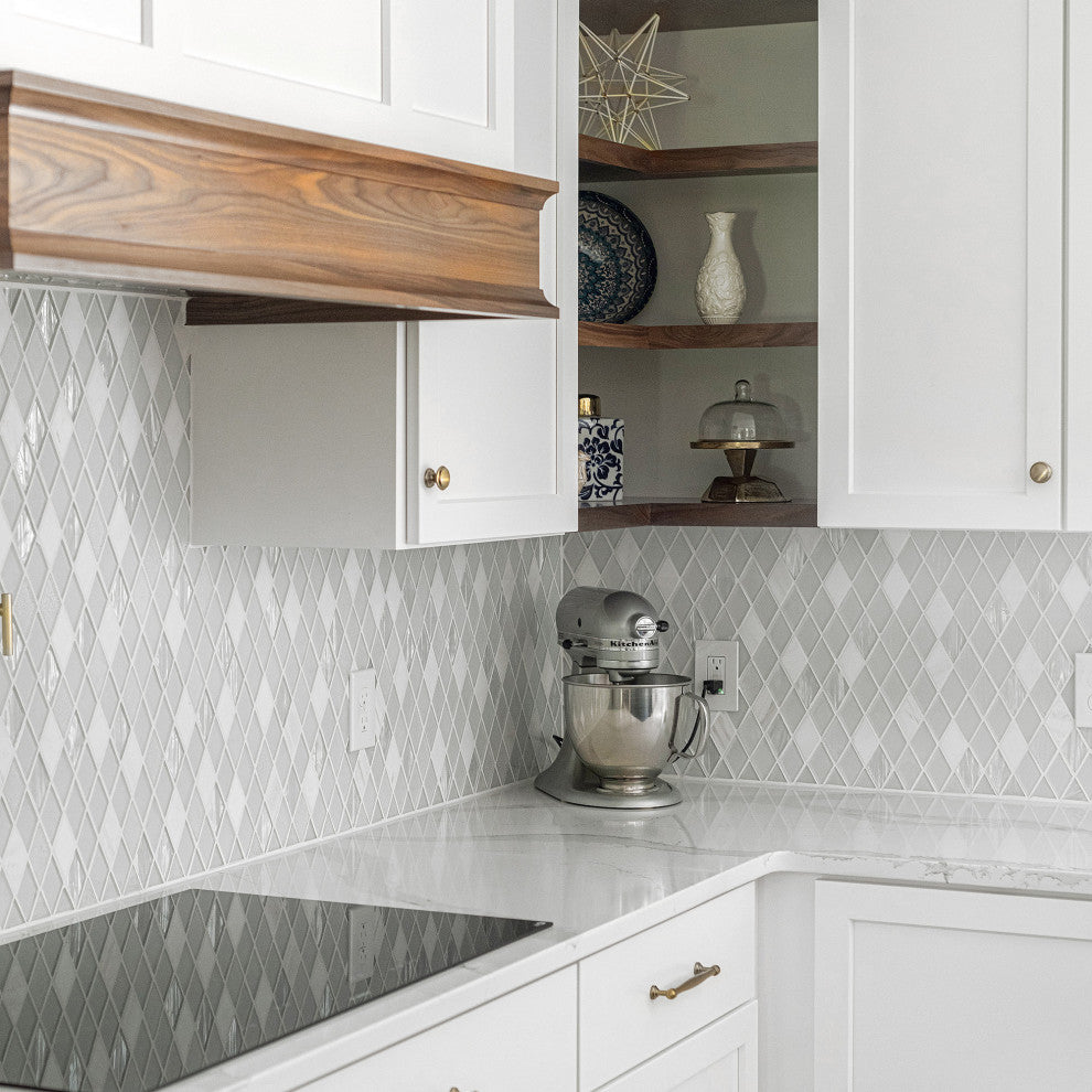 Elegant Glass and Marble Rhomboid Design Mosaic Backsplash Tile, Sample
