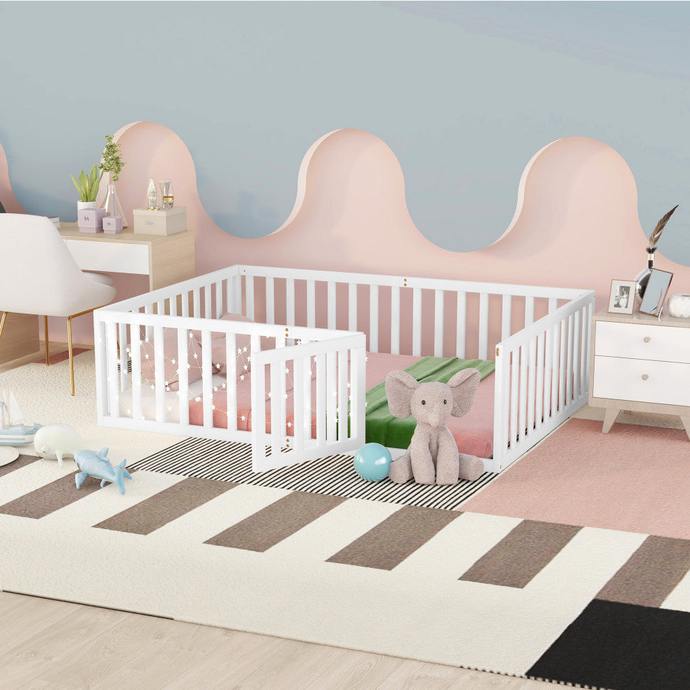 TATEUS Stylish and Versatile Floor Bed for Kids"™Bedroom Fences, White, Full