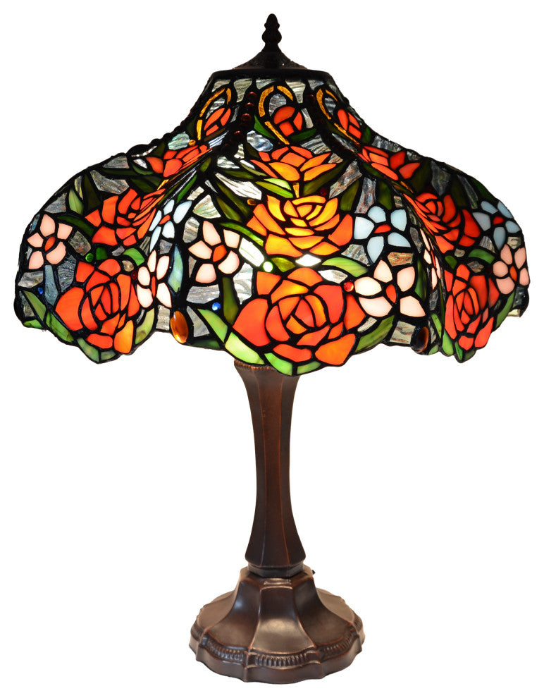 18"W Rose Flower Jeweled Stained Glass Handcrafted Table Desk Lamp, Zinc Base