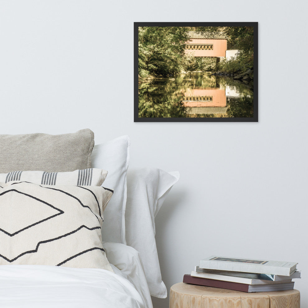 The Reflections of Wooddale Covered Bridge Aged Framed Photo Wall Art Print, Black, 16" X 20"