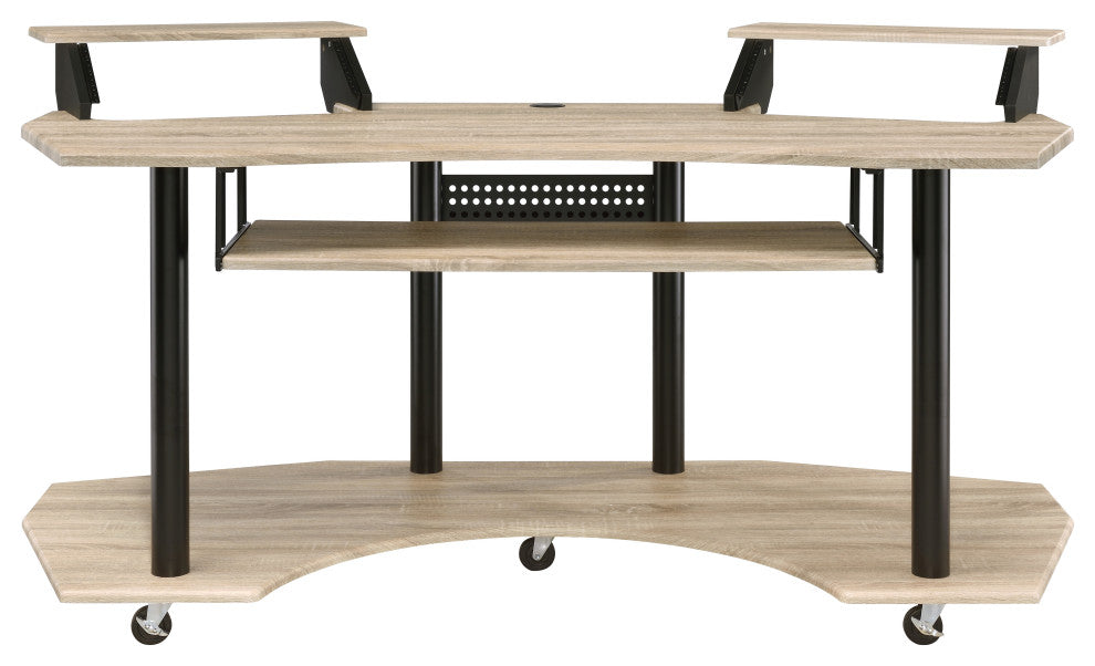Eleazar 71" Music Studio Desk, Natural Oak, 2 Speaker Stands