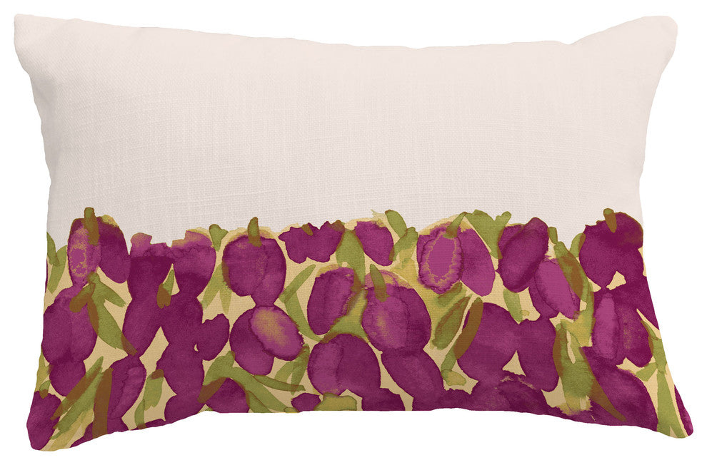 Sunset Tulip Garden Floral Print Pillow With Linen Texture, Purple, 14"x20"