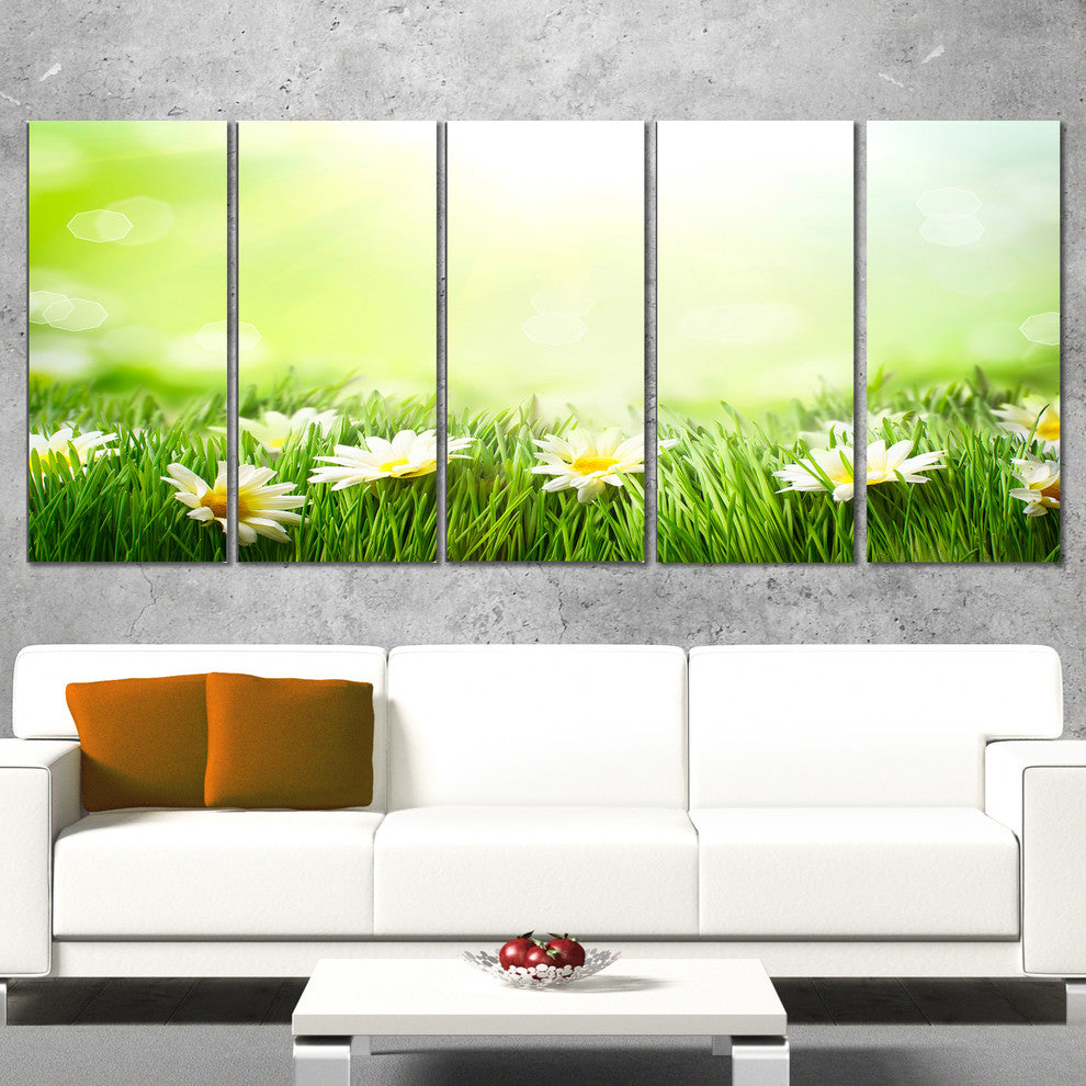 Spring Meadow with Daisies, Large Animal Canvas Art Print, 60"x28", 5 Panels