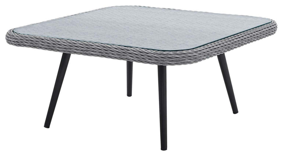 Lounge Coffee Table, Square, Gray, Rattan, Wicker, Glass, Modern, Outdoor