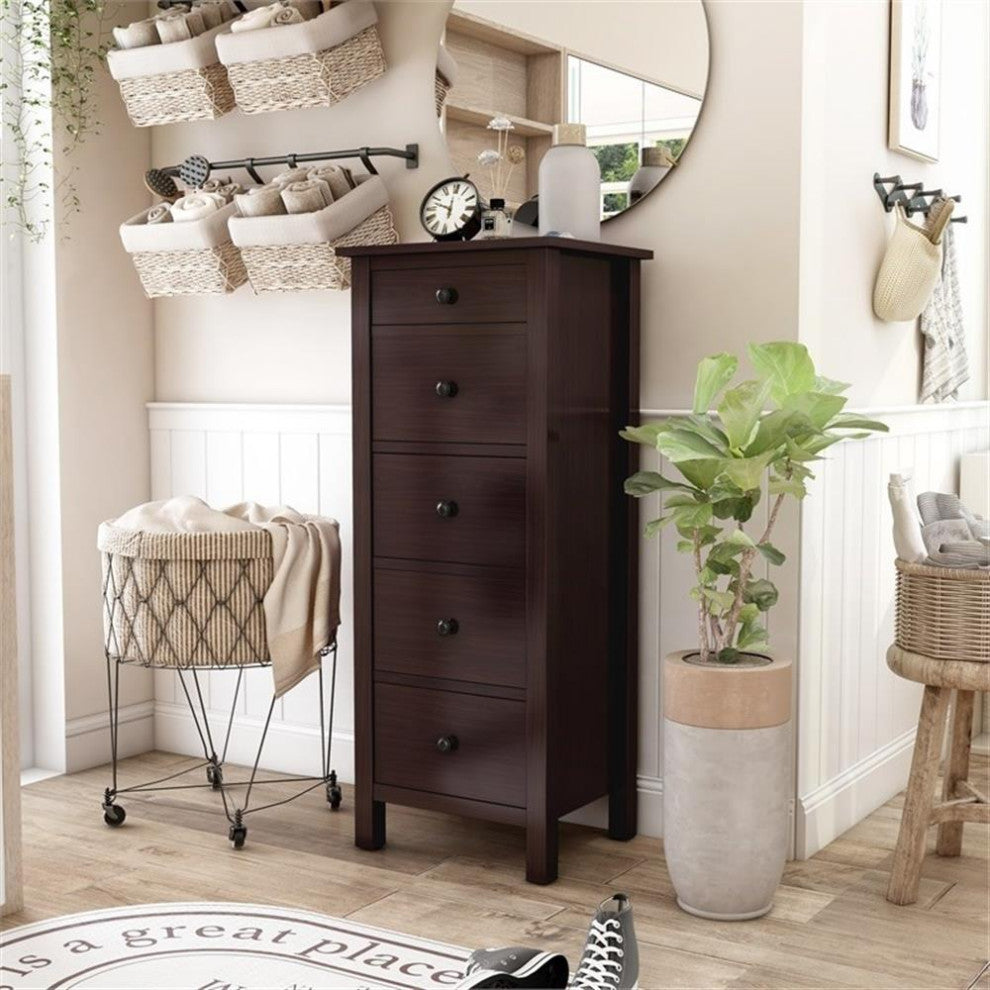 Bowery Hill Transitional 5-Drawer Solid Wood Lingerie Dresser Chest in Espresso