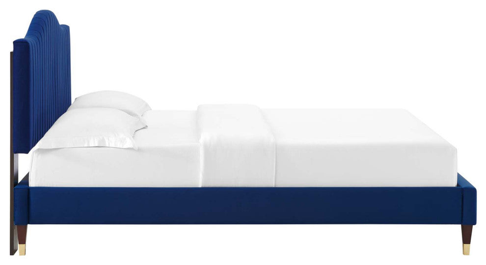 Tufted Platform Bed Frame, Full Size, Velvet, Blue Navy, Modern Contemporary