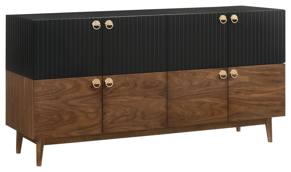 Unique Sideboard, Walnut Wooden Doors With Grooved Black Accents & Golden Pulls