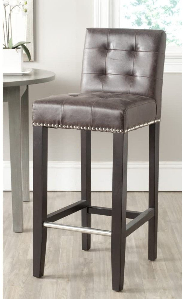 Contemporary Bar Stool, Birch Base With Tufted Seat and Nailhead, Antique Brown/