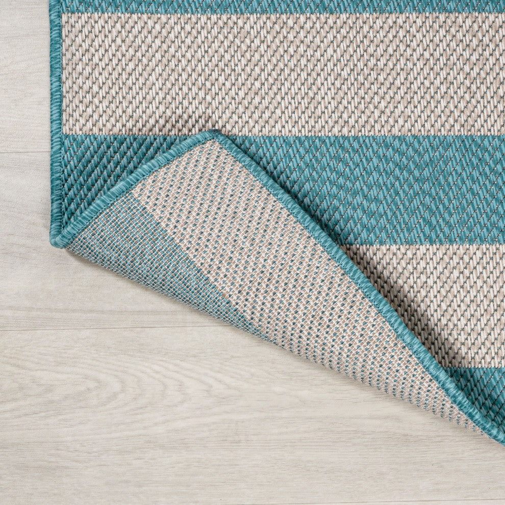 Negril Two-Tone Wide Stripe Indoor/Outdoor Area Rug, Aqua/Cream, 8x10