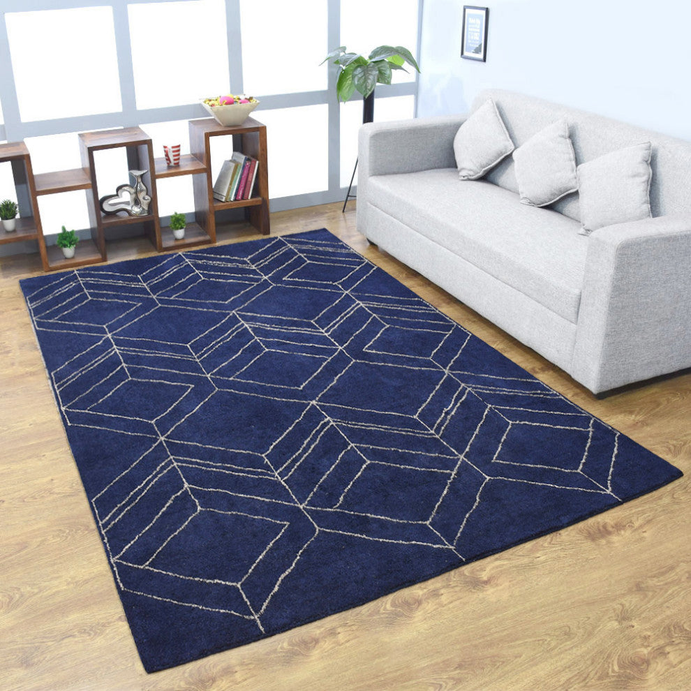 HAND KNOTTED LOOM SILK ECO-FRIENDLY AREA RUGS-Rectangle,Dark Blue,Geometric