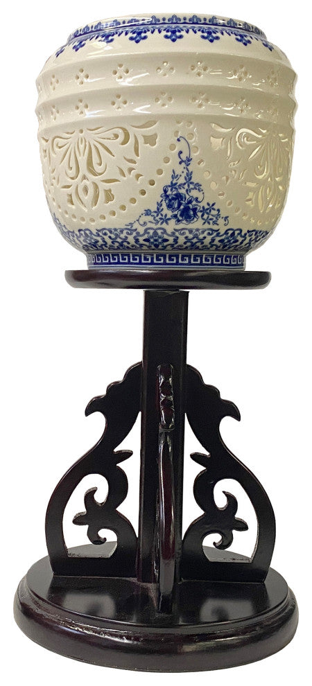 Chinese White Porcelain Shade Wood Pedestal Base Table Lamp Hws1356