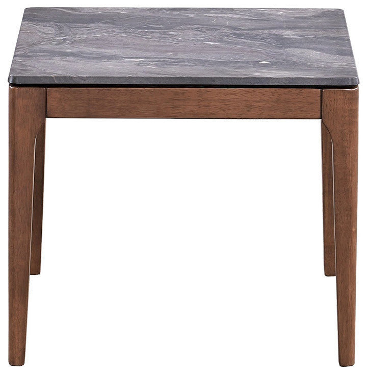 Engineering Marble Grain End Table With Wooden Legs, Walnut