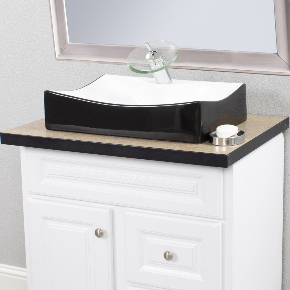 Black and White Porcelain Vessel Sink With Faucet Hole