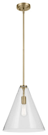 Everly 15.5" 1-Light Cone Pendant With Clear Seeded Glass, Natural Brass