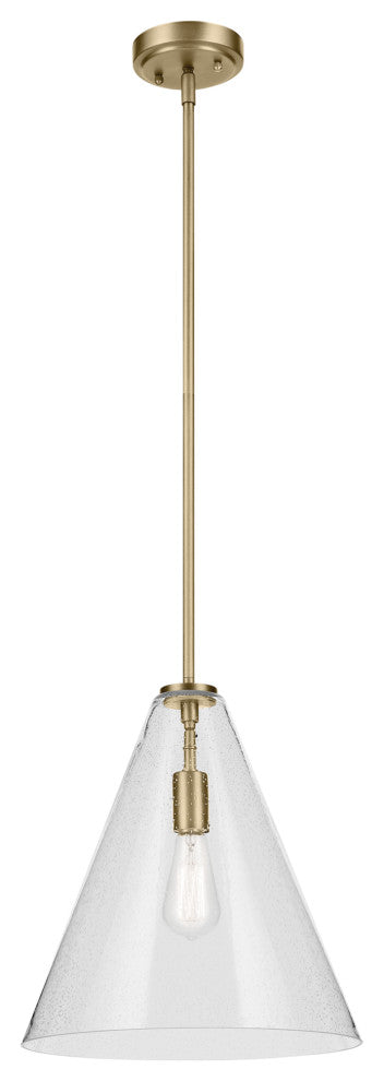 Everly 15.5" 1-Light Cone Pendant With Clear Seeded Glass, Natural Brass