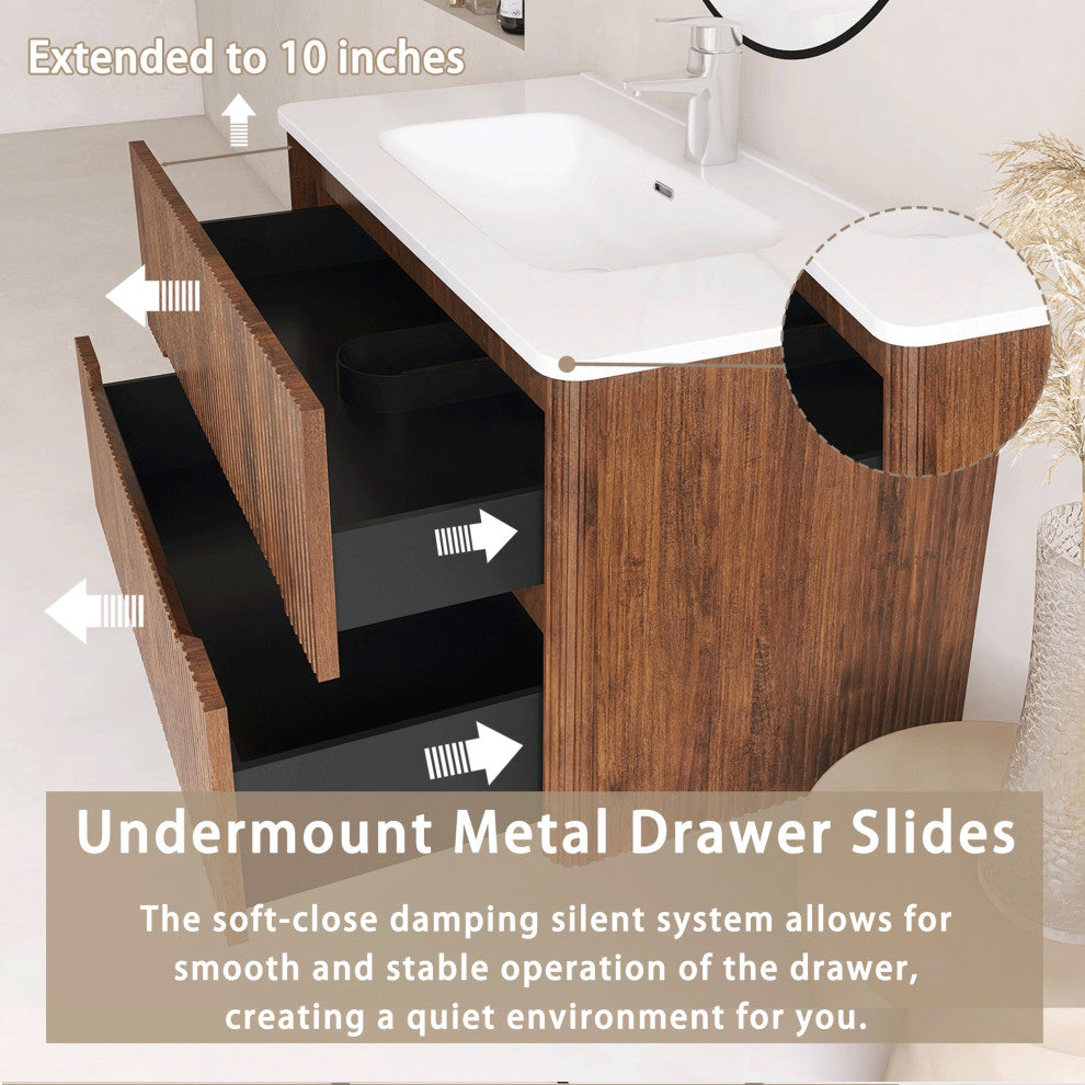 24 inch Wall-Mounted Bathroom Vanity Set with Ceramic Integrated Sink, Walnut