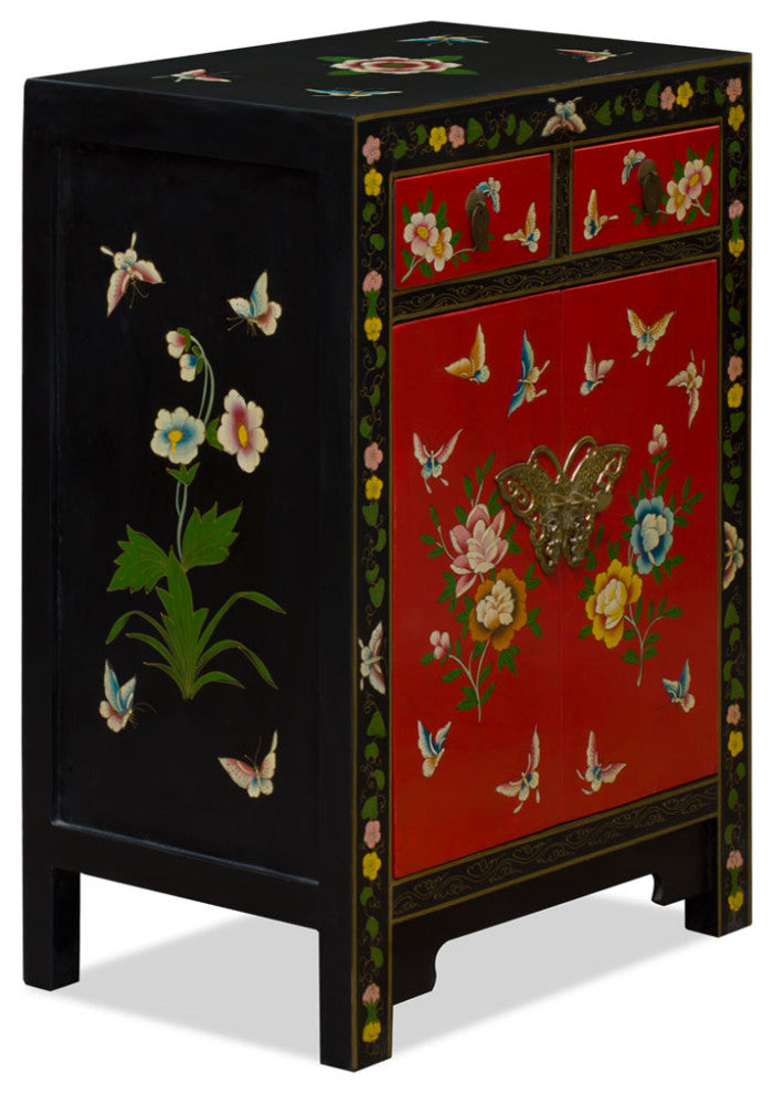 Red and Black Hand Painted Elmwood Butterfly Motif Oriental Cabinet