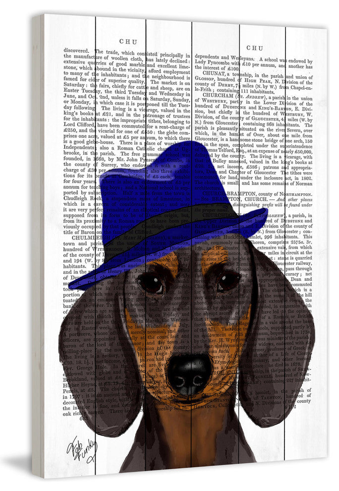 "Dachshund with Blue Trilby" Painting Print on White Wood, 12"x18"