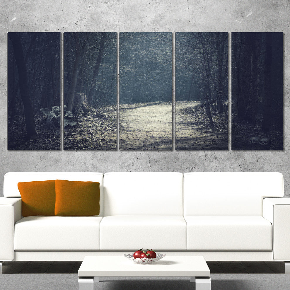 Dark Forest With Empty Road, Forest Canvas Art Print, 60"x28", 5 Panels