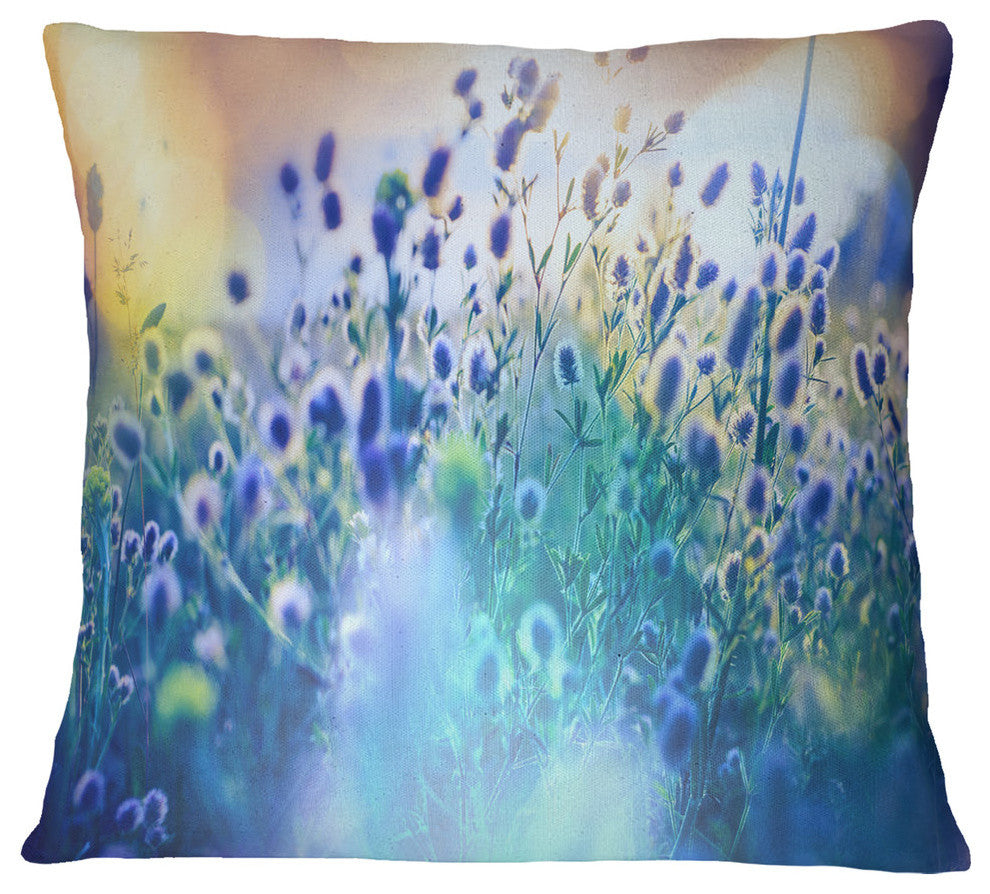 Blue Summer Flowers On Meadow Floral Throw Pillow, 16"x16"