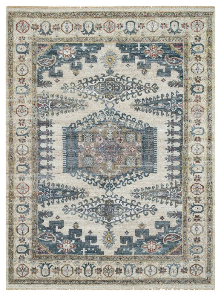 Ivory Hand Knotted Reimagined Persian Viss Design Wool Oriental Rug  7'9"x10'4"