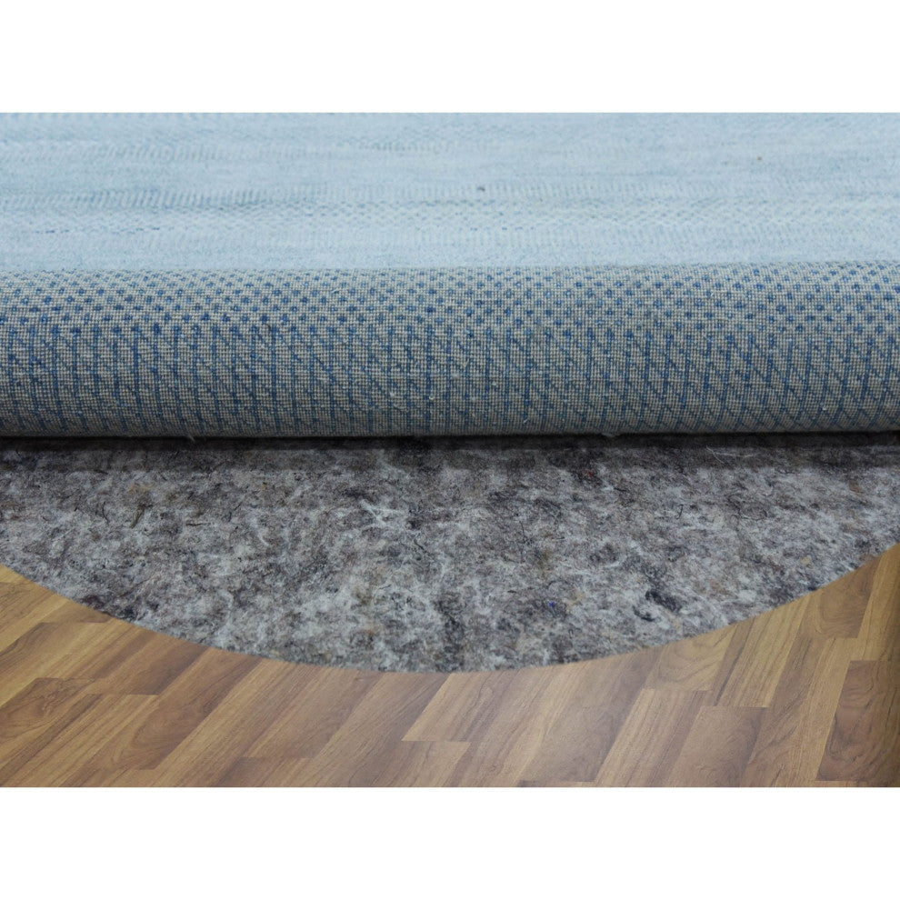 Blue, Wool and Silk Hand Knotted, Modern Grass Design Round Rug, 5'10"x5'10"