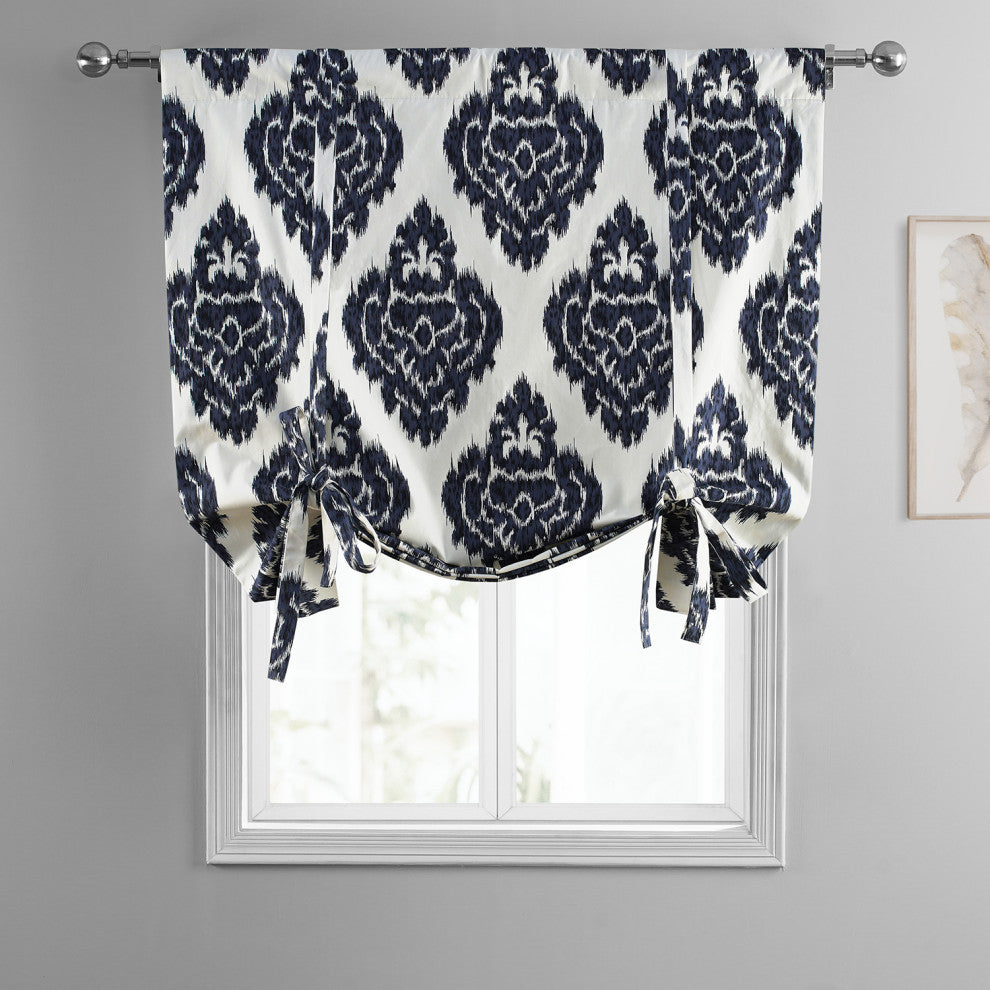 Ikat Blue Printed Cotton Tie-Up Window Shade Single Panel, 42W x 63L