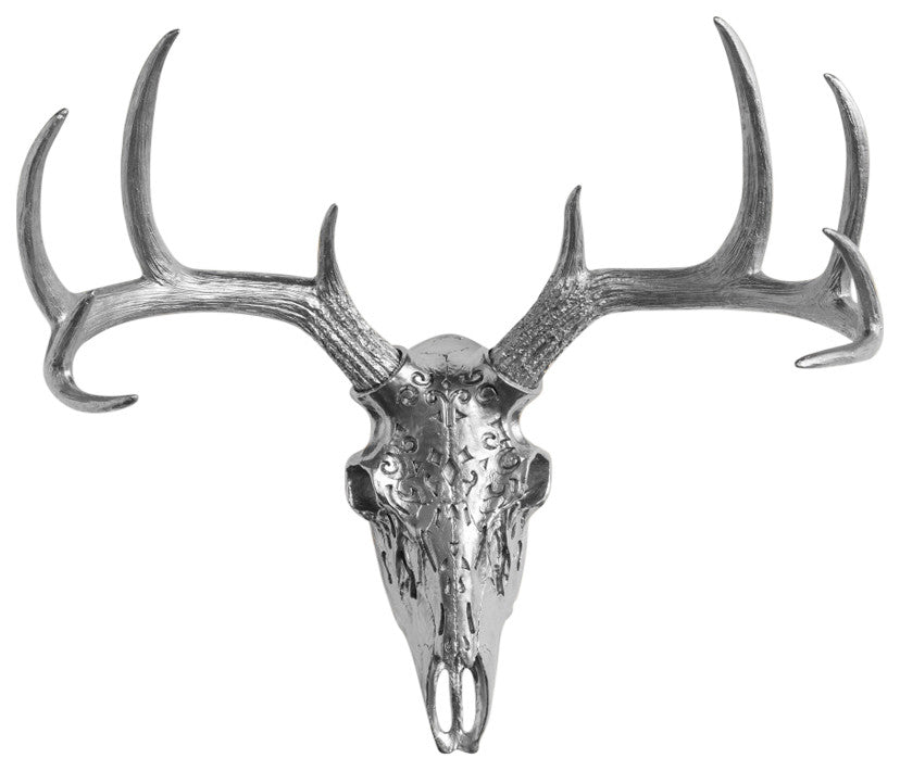 Faux Deer Skull Native American Carving Wall Decor, Metallic Silver