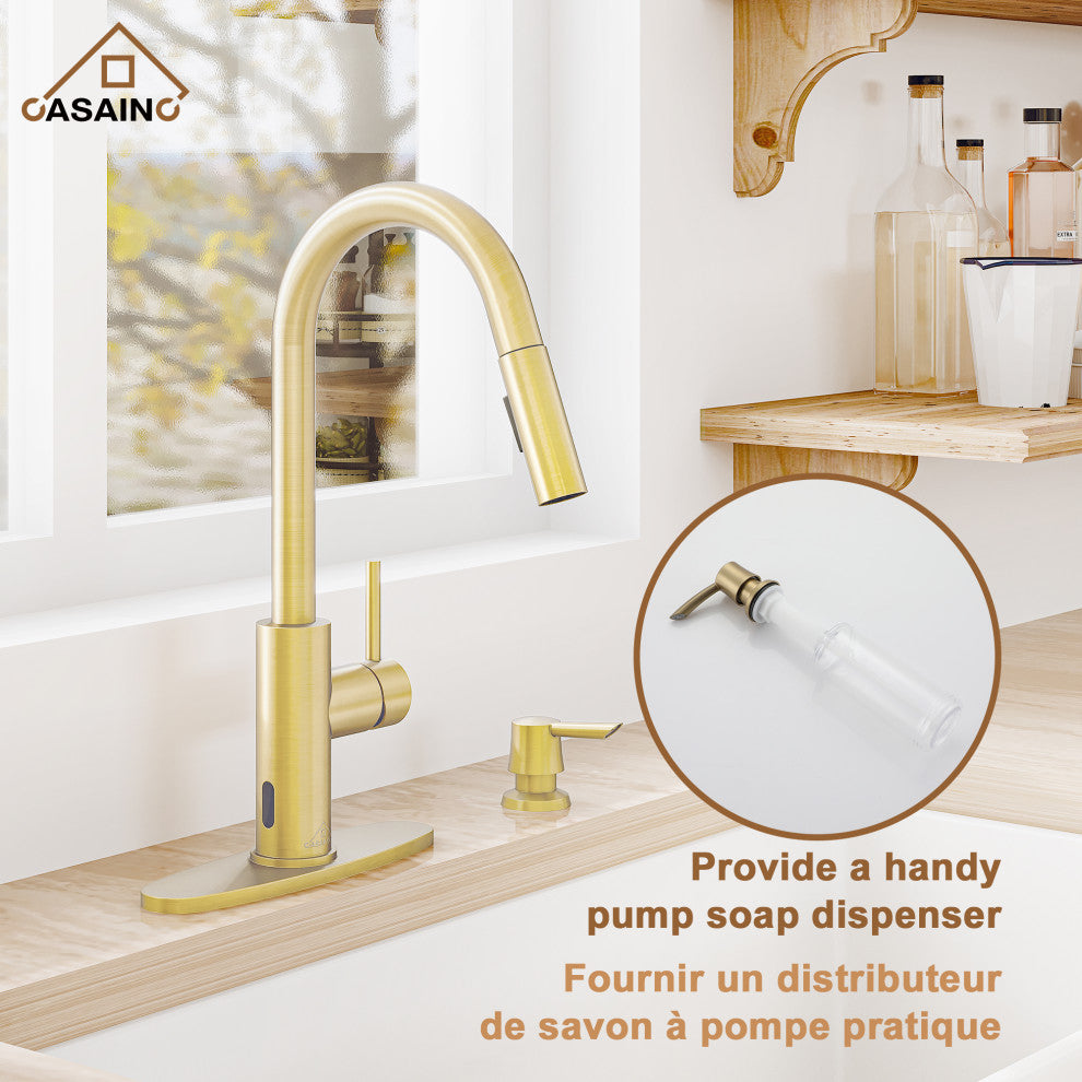 Touchless Pull Down Single Handle Kitchen Faucet With LED Function, Brushed Gold