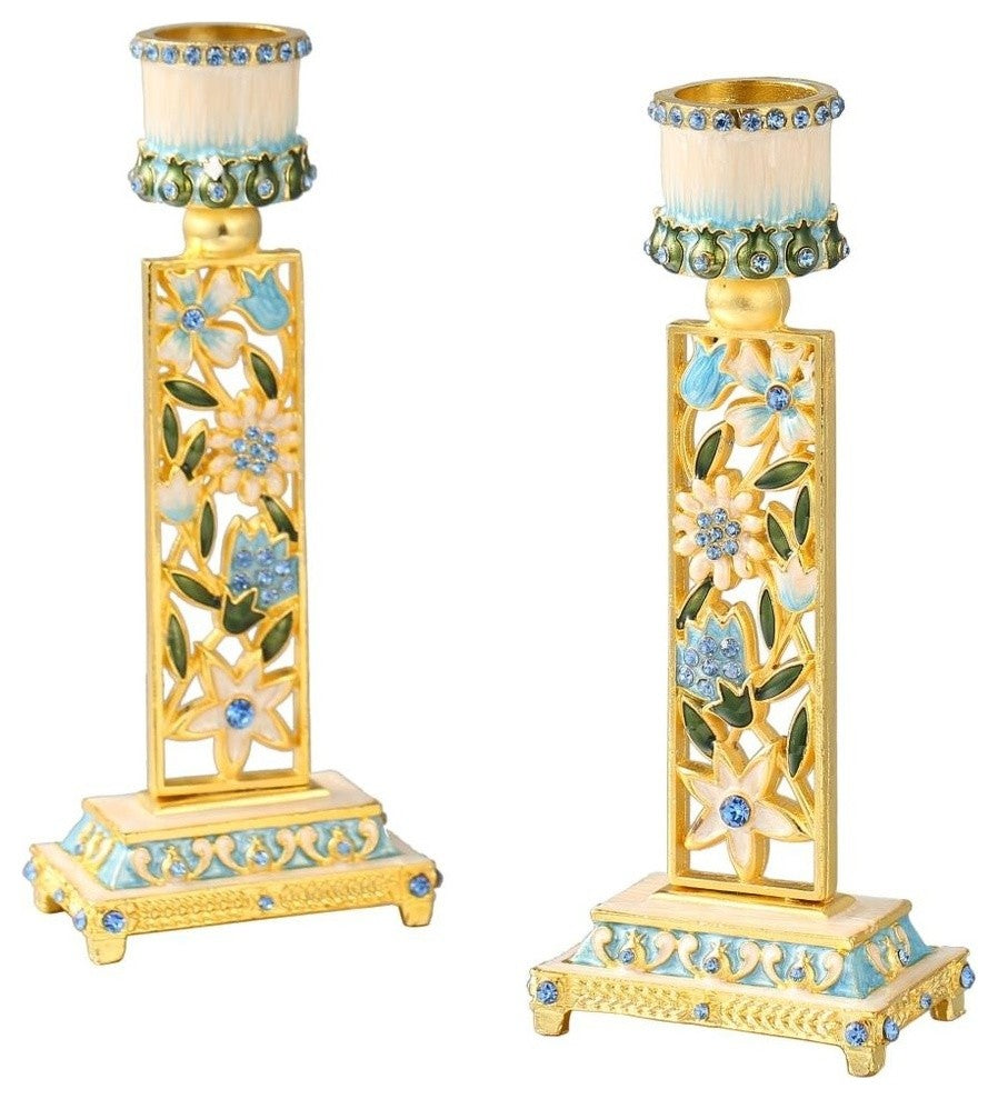 Shabbat Candlestick (2-Piece Set) Hand-Painted  Gold-Plated Pewter