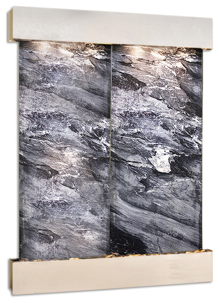 Majestic River Water Fountain, Black Spider Marble, Stainless Steel, Square Edge