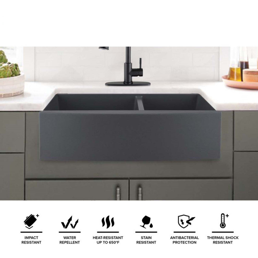 33" x 22" Gray Quartz Double Bowl Farmhouse Apron Kitchen Sink