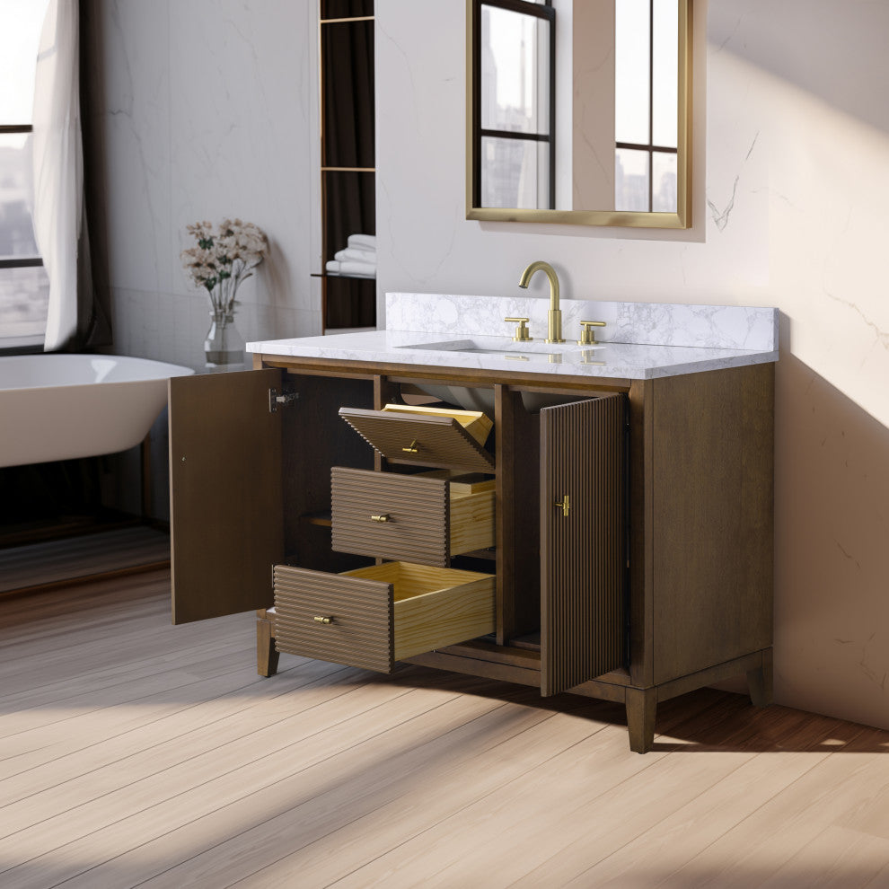 Vanity Art Bathroom Vanity with Engineered Marble Top and Sink, Walnut, 48", Golden Brushed